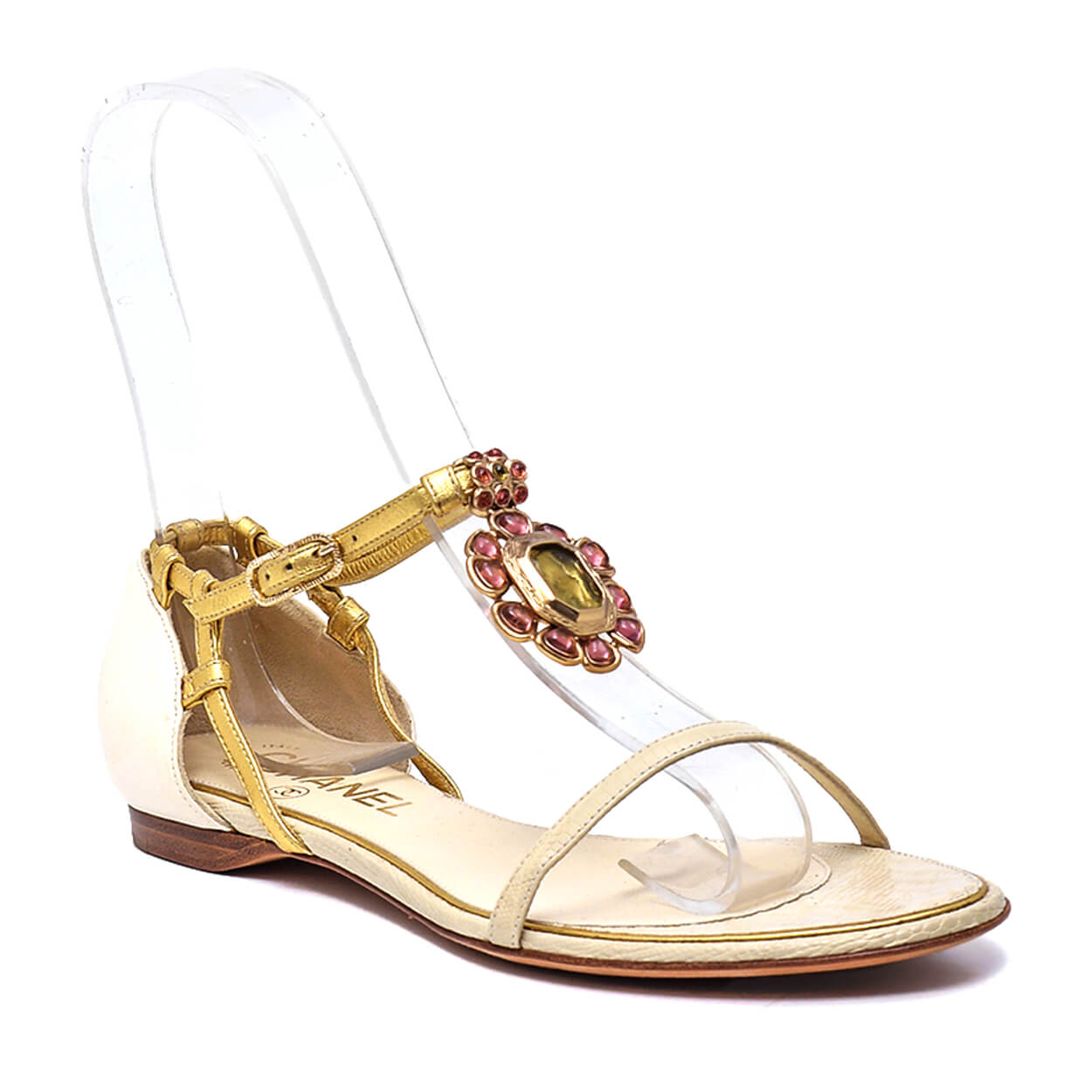 Chanel - White & Gold Camella Crystal Sandals 37